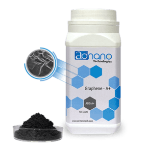 A bottle containing Graphene battery grade powder with label of adnano technologies and a beaker containing graphene powder